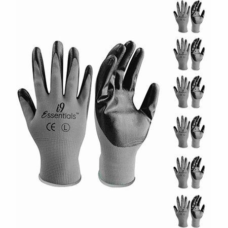 I9 ESSENTIALS Polyester & Nitrile Safety Work Gloves Seamless - Grey & Black - Size L, 6PK 100033